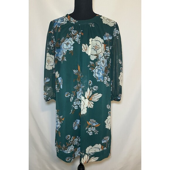 New York & Co‎ Eva Mendes Green Floral 3/4 Sheer Sleeve Dress Women's MEDIUM - Picture 1 of 12